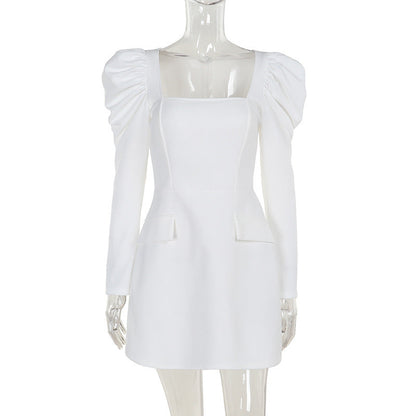A-Line Mini Dress with Square Neck and Puff Sleeves
