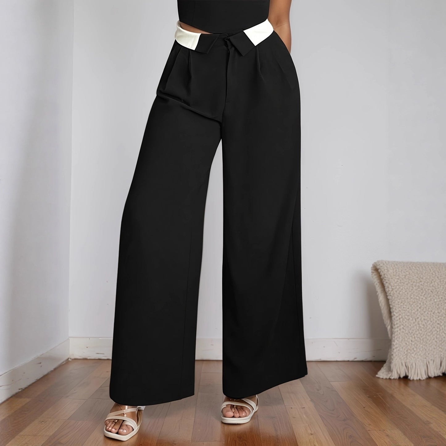 Wide-Leg Trousers with High-Waist and Contrast Detail