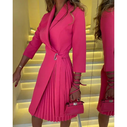 Mixed Pattern Wrap Blazer Dress with Pleated Skirt