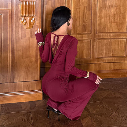 Bodycon Backless Jumpsuit with Long Sleeves and Flared Leg