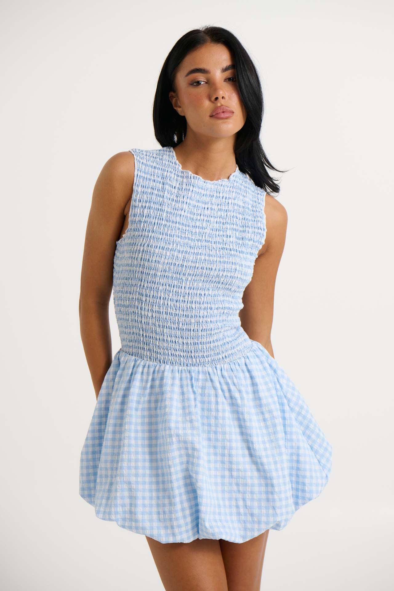 Gingham Smocked Mini Dress with Mock Neck and Bubble Hem