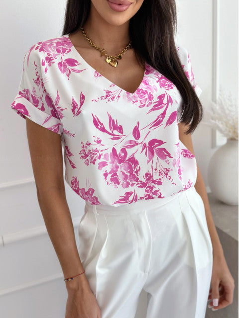 Loose Floral Print Blouse with V-Neck and Short Sleeves
