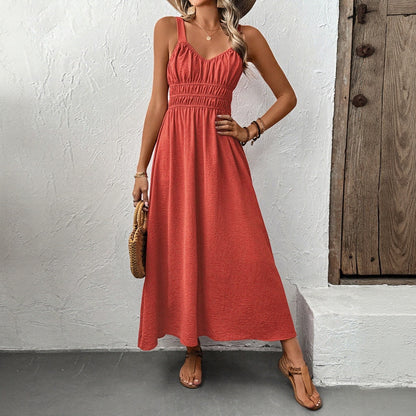 Solid A-Line Strap Dress with V-Neck and Shirred Waist