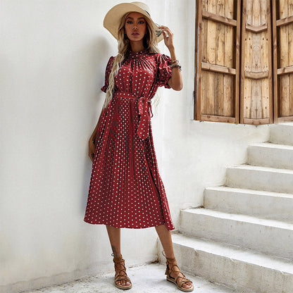 Polka Dot Pleated Midi Dress with Half Turtleneck and Tie-Waist