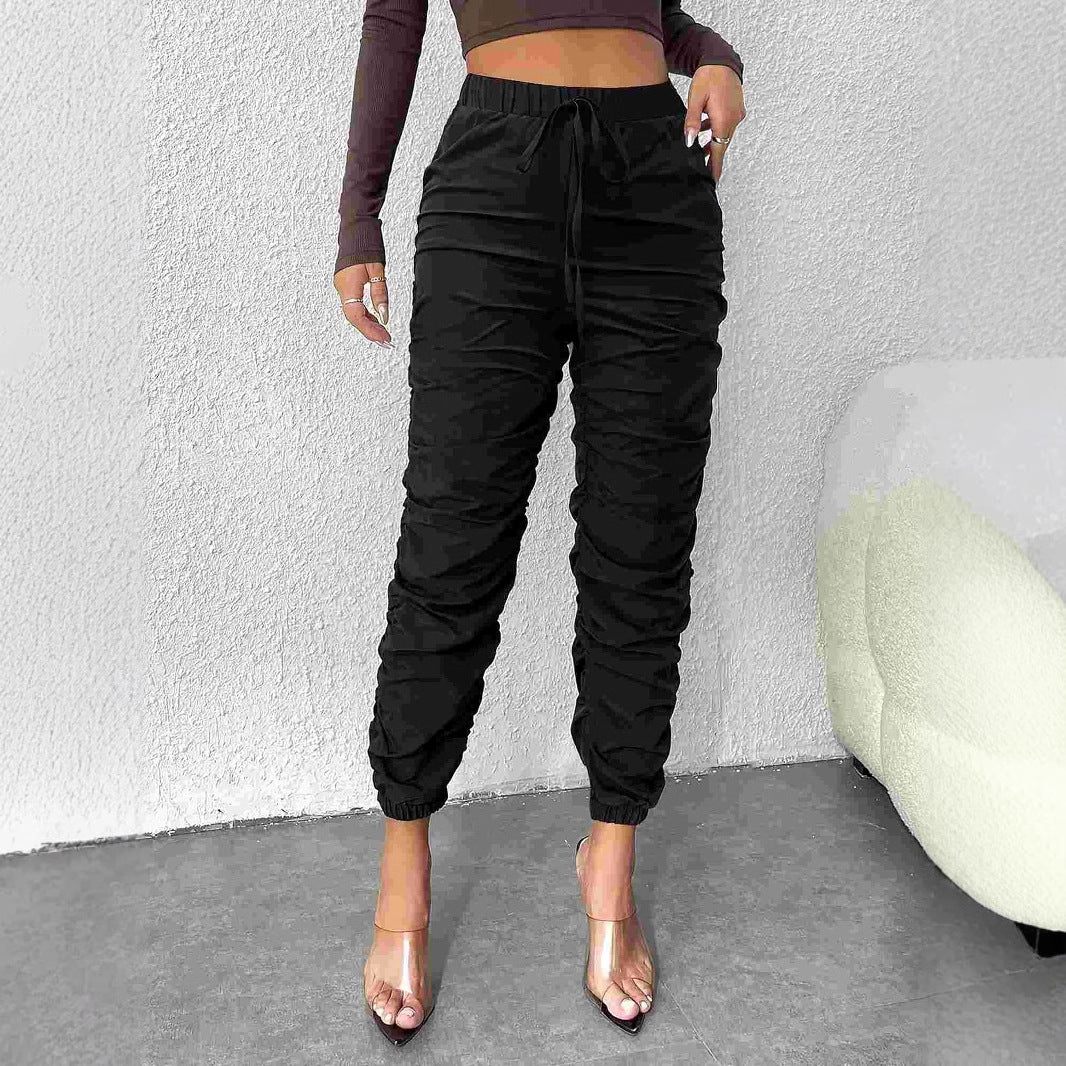 Ruched High-Waist Jogger Pants with Drawstring