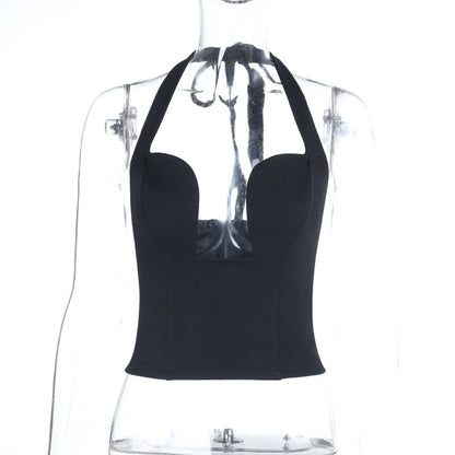 Cropped Halter Top with Deep U-Neck and Open Chest