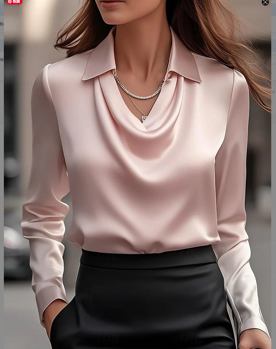 Solid Satin-Effect Blouse with Cowl Neck and Long Sleeves