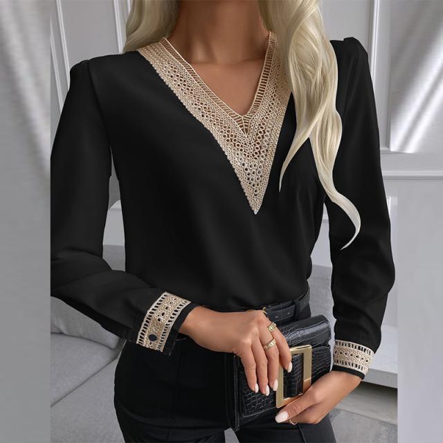 Solid Blouse with Lace-Trimmed V-Neck and Cuffs