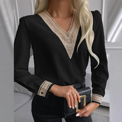 Solid Blouse with Lace-Trimmed V-Neck and Cuffs