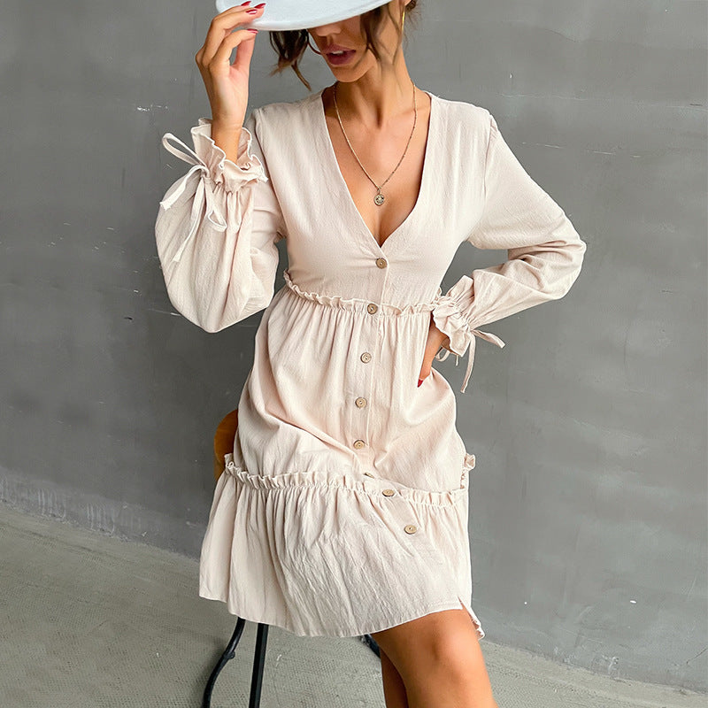 A-Line Button-Front Mini Dress with Ruffled Hem and Tie-Cuffs