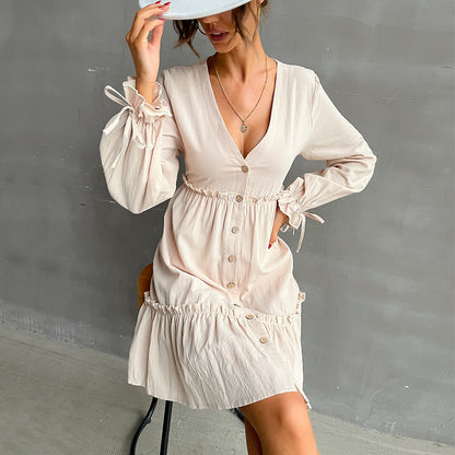 A-Line Button-Front Mini Dress with Ruffled Hem and Tie-Cuffs
