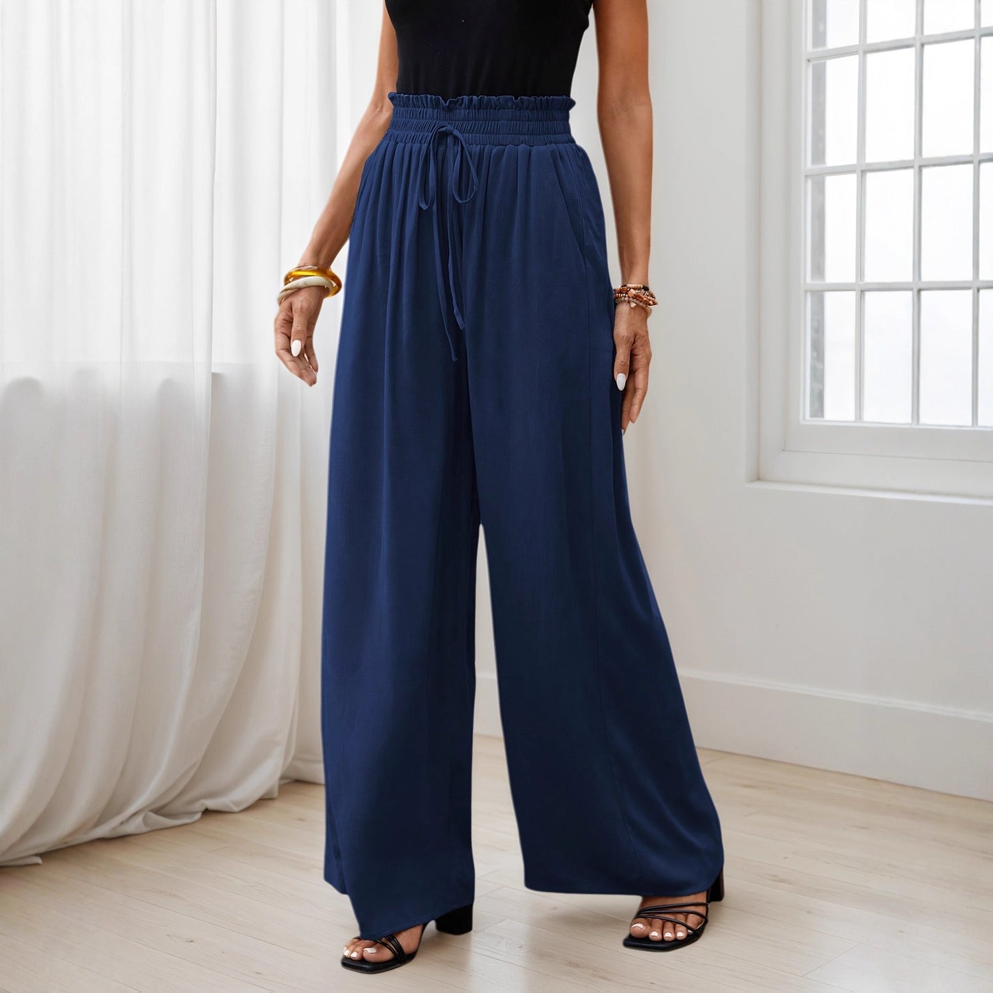 Wide-Leg Pants with Drawstring Paperbag Waist