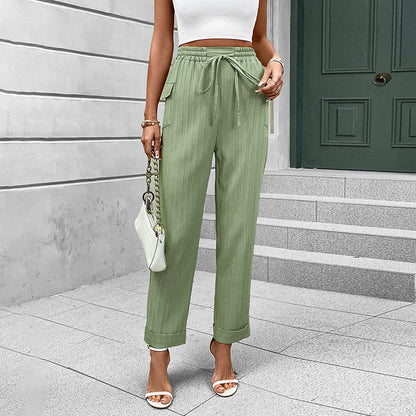 High-Waist Pleated Straight-Leg Pants with Drawstring