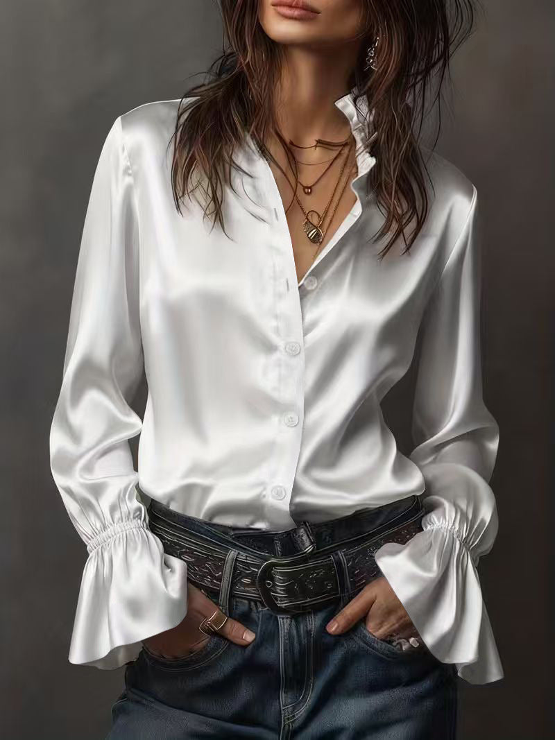 Solid Satin Blouse with Ruffle Collar and Flared Sleeves