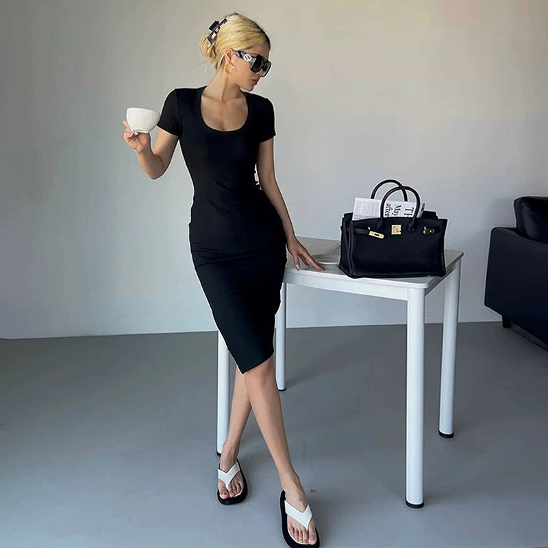Short Sleeve Bodycon Midi Dress with Scoop Neck and High Slit