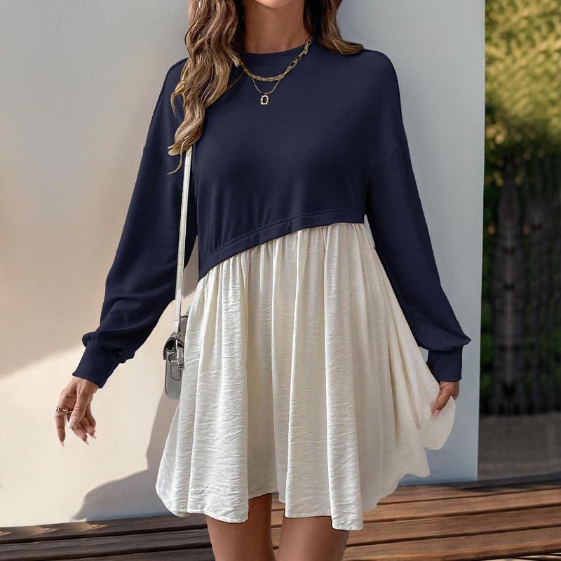 Color Block Loose Dress with Spliced Layered Design