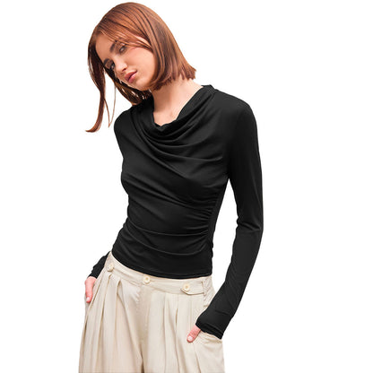 Cowl Neck Long Sleeve Top with Side Ruched Detail