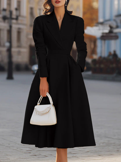 A-Line Blazer Dress with Lapel V-Neck and Pleated Skirt