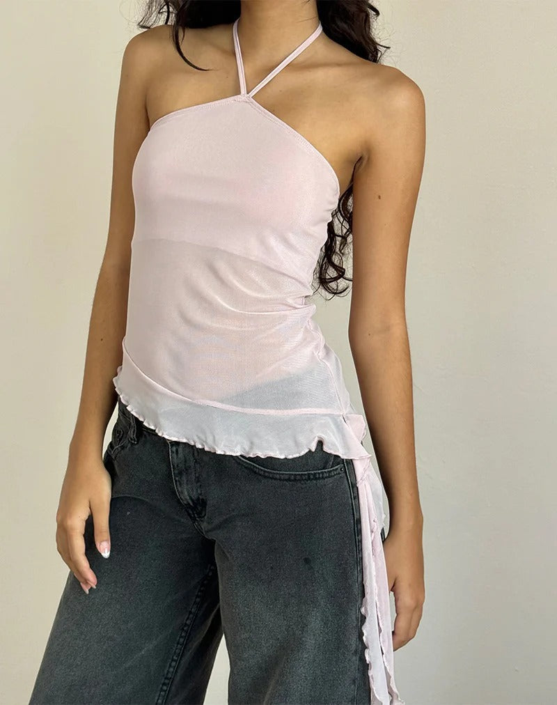 Asymmetrical Halter Crop Top with Mesh Panel and Ruffle Trim