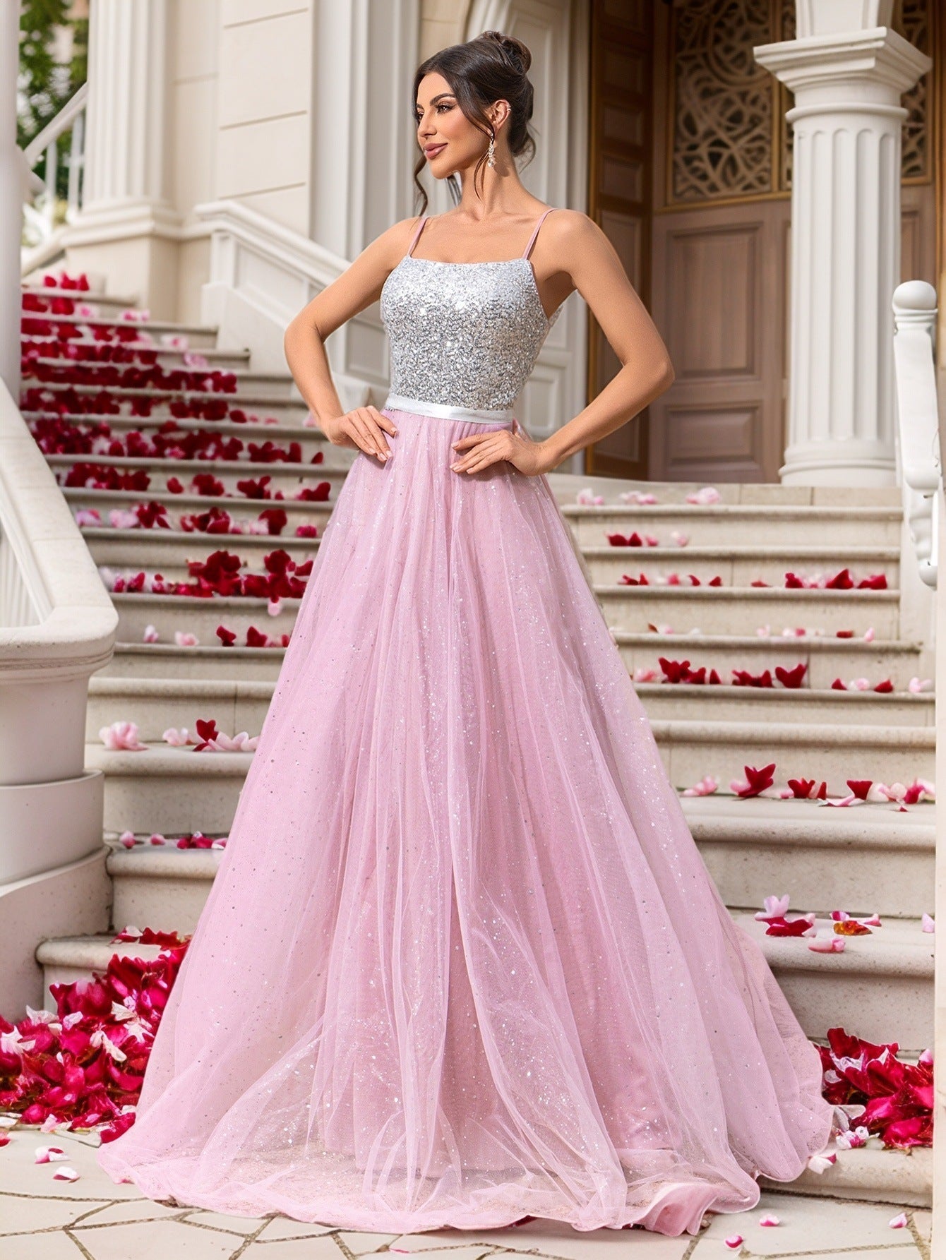 A-Line Maxi Dress with Sequined Bodice and Backless Detail