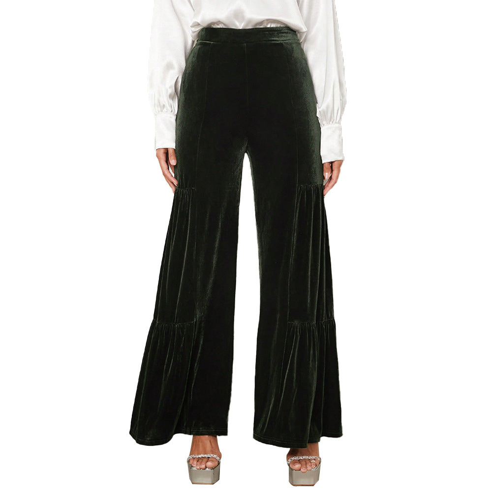 High-Waisted Velvet Wide-Leg Pants with Tiered Detail