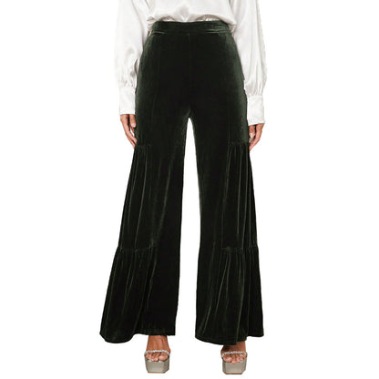 High-Waisted Velvet Wide-Leg Pants with Tiered Detail