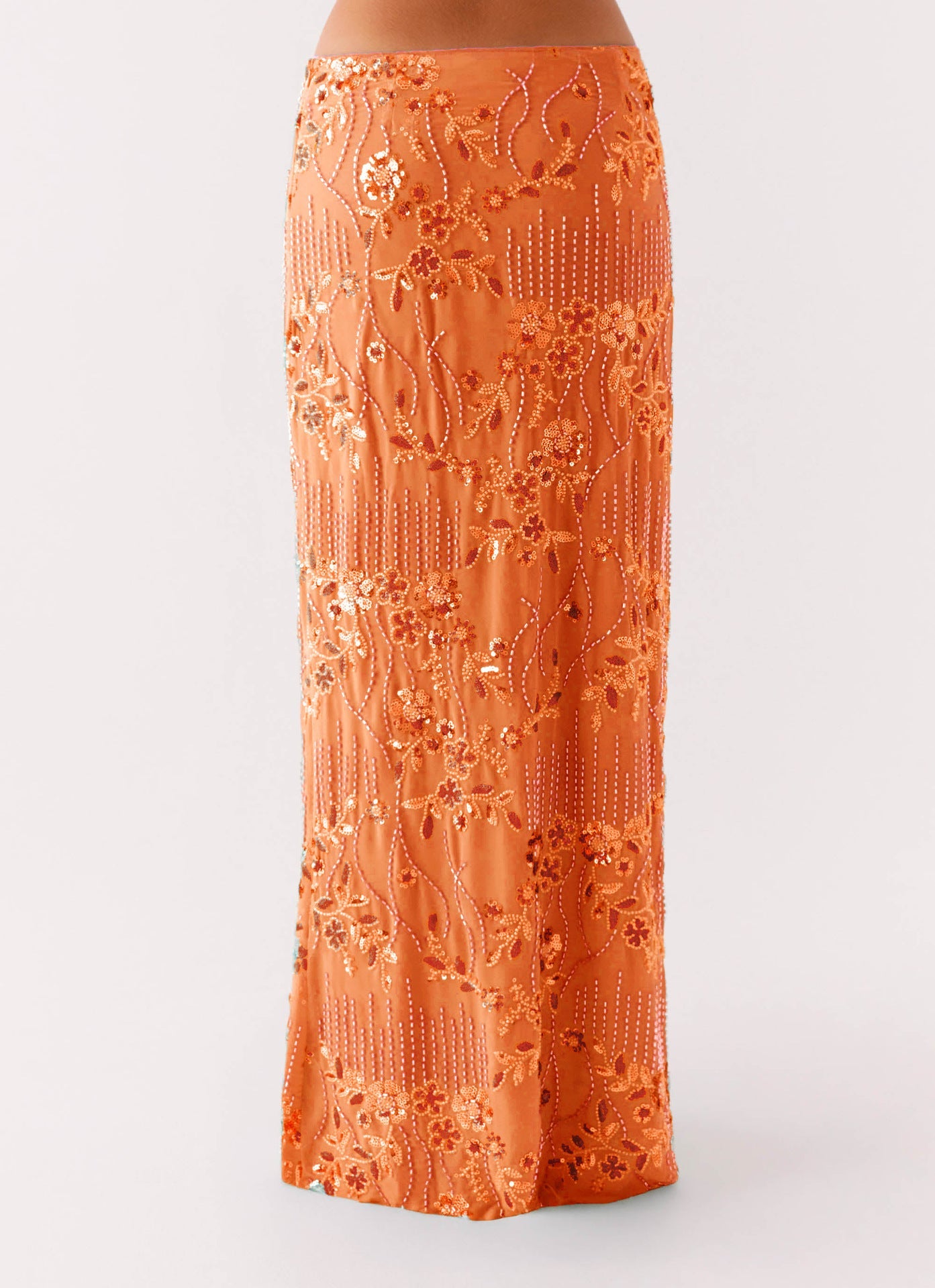 Beaded Floral Straight Maxi Skirt with Irregular Hem