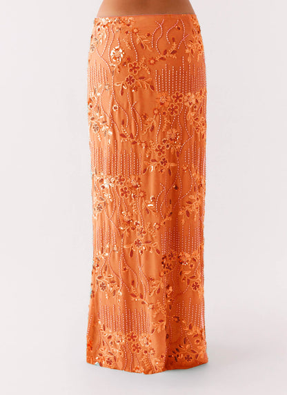 Beaded Floral Straight Maxi Skirt with Irregular Hem