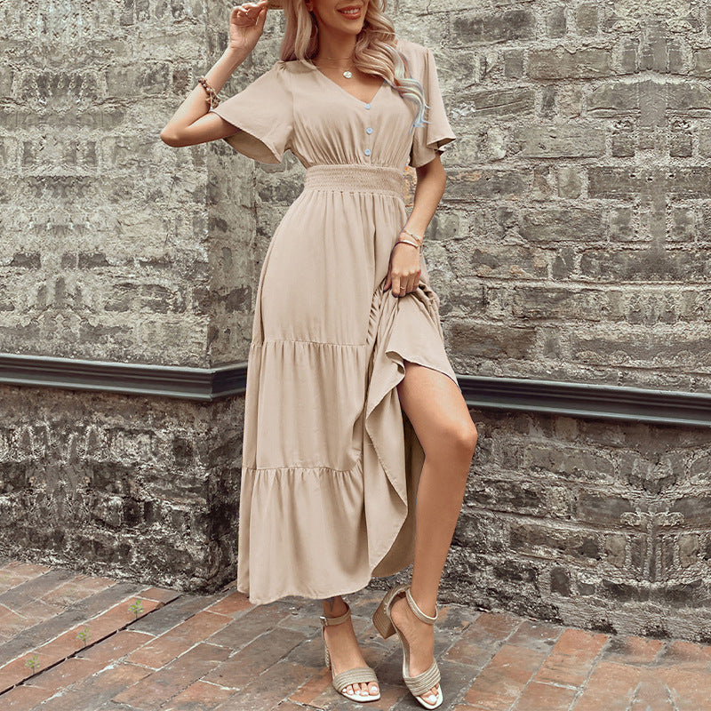 Solid A-Line Midi Dress with V-Neck, Shirred Waist, and Tiered Skirt