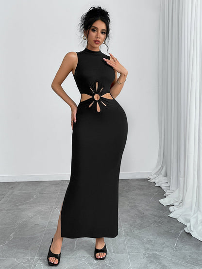 Bodycon Maxi Dress with Flower Cutout and Mock Neck
