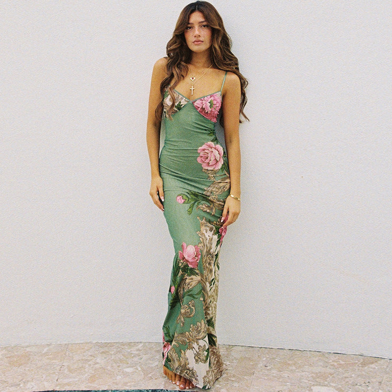 Floral Print Bodycon Maxi Dress with V-Neck and Spaghetti Straps