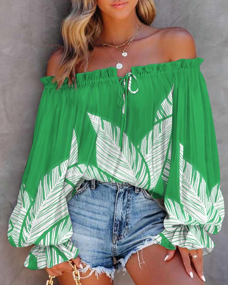 Leaf Print Off-Shoulder Blouse with Balloon Sleeves