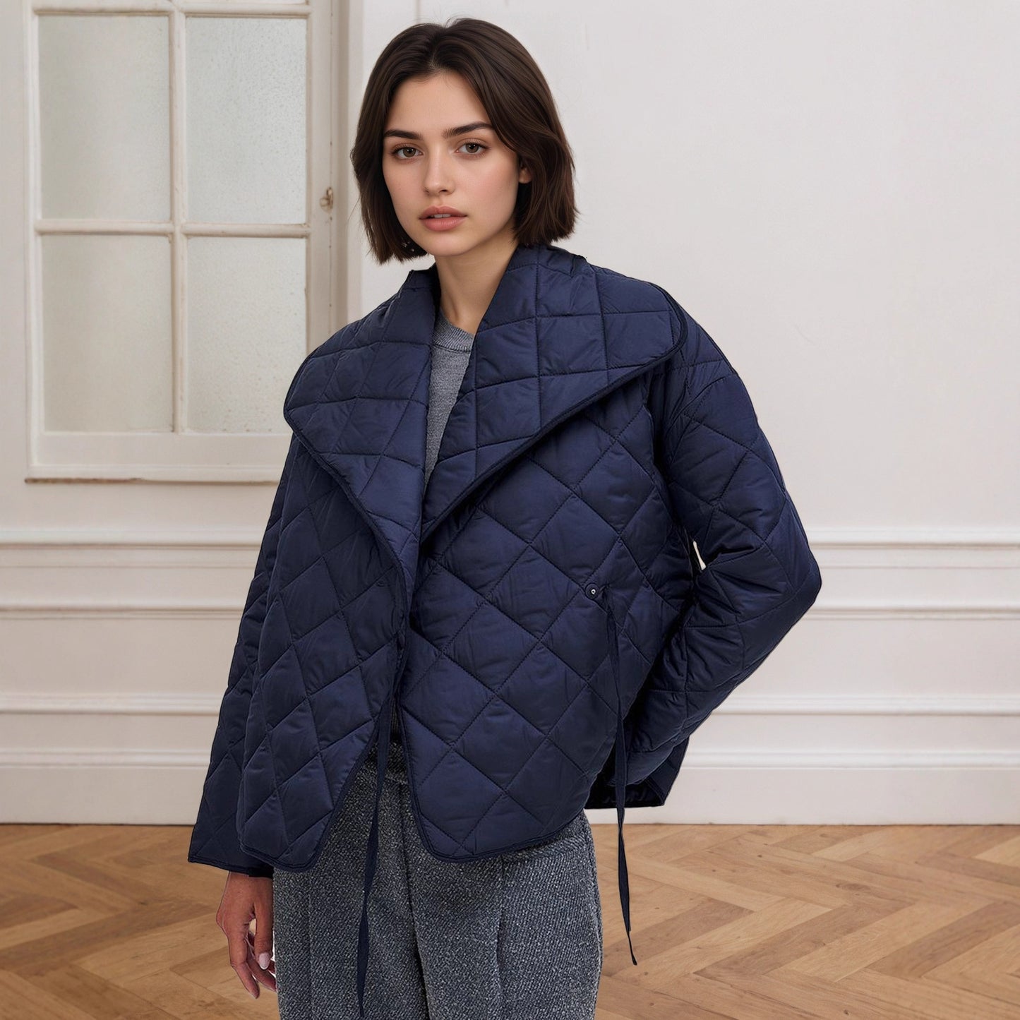 Royal Blue Quilted Jacket with Wide Lapel and Loose Fit