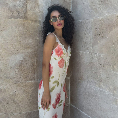 Floral Print High Waist Sling Long Skirt V-Neck Sleevele