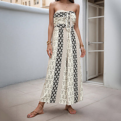 Geometric Print Wide-Leg Jumpsuit with Strapless Tie-Front