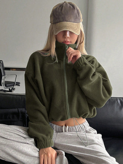Cropped Fleece Jacket with Stand Collar and Drawstring Hem