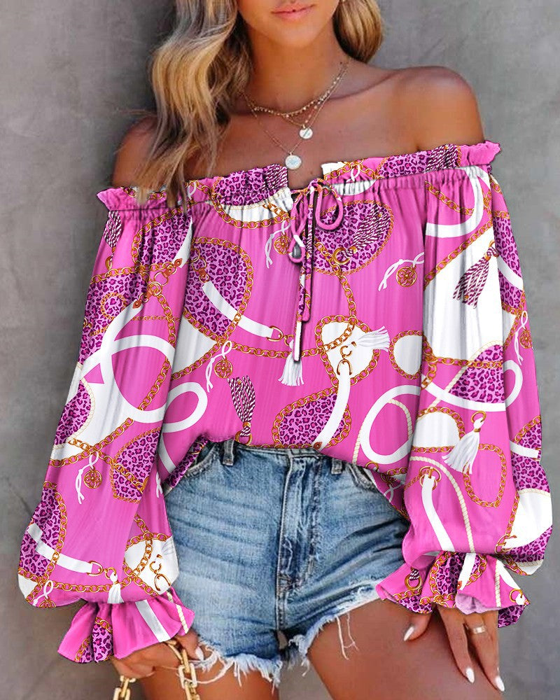 Leaf Print Off-Shoulder Blouse with Balloon Sleeves