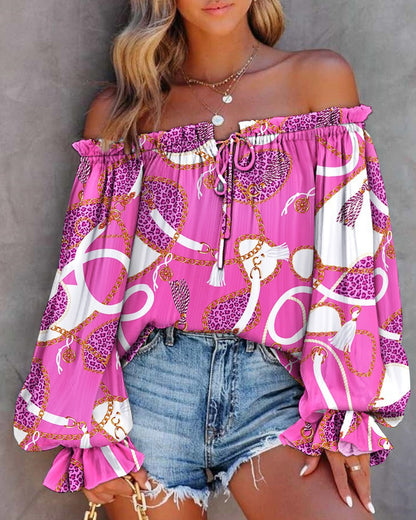 Leaf Print Off-Shoulder Blouse with Balloon Sleeves