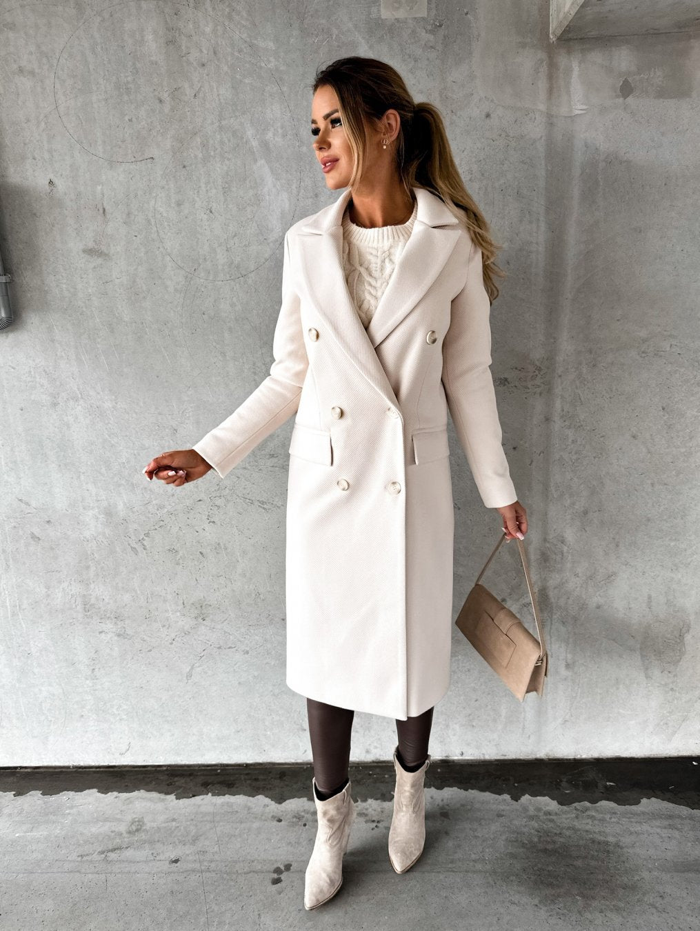 Solid Midi Coat with Double-Breasted Closure and Suit Collar