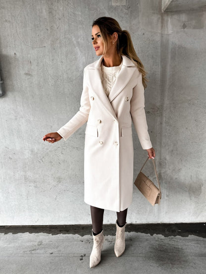Solid Midi Coat with Double-Breasted Closure and Suit Collar