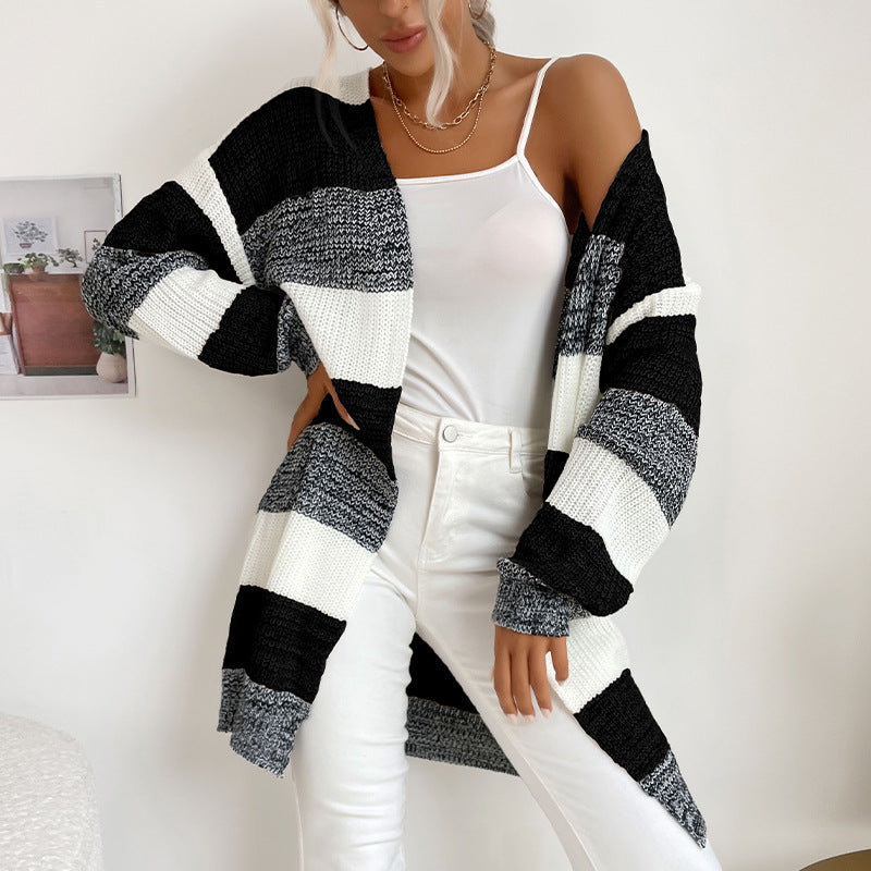 Striped Open Front Cardigan with Long Length