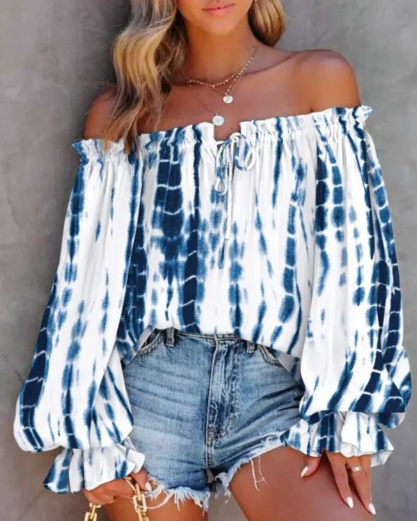 Leaf Print Off-Shoulder Blouse with Balloon Sleeves