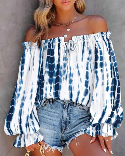 Leaf Print Off-Shoulder Blouse with Balloon Sleeves