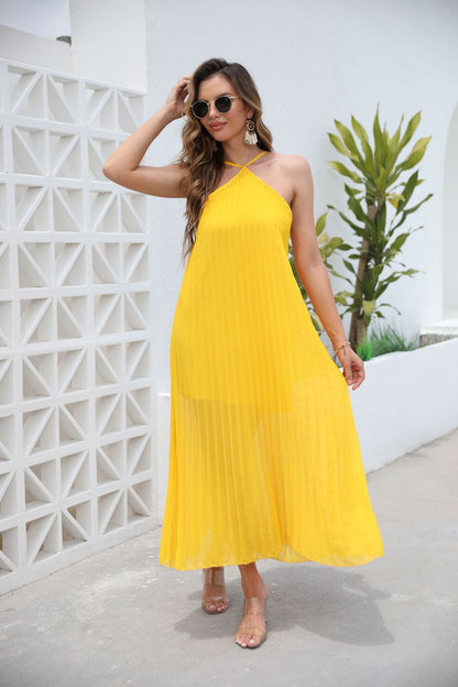 Relaxed Pleated Midi Dress with Halter Neck