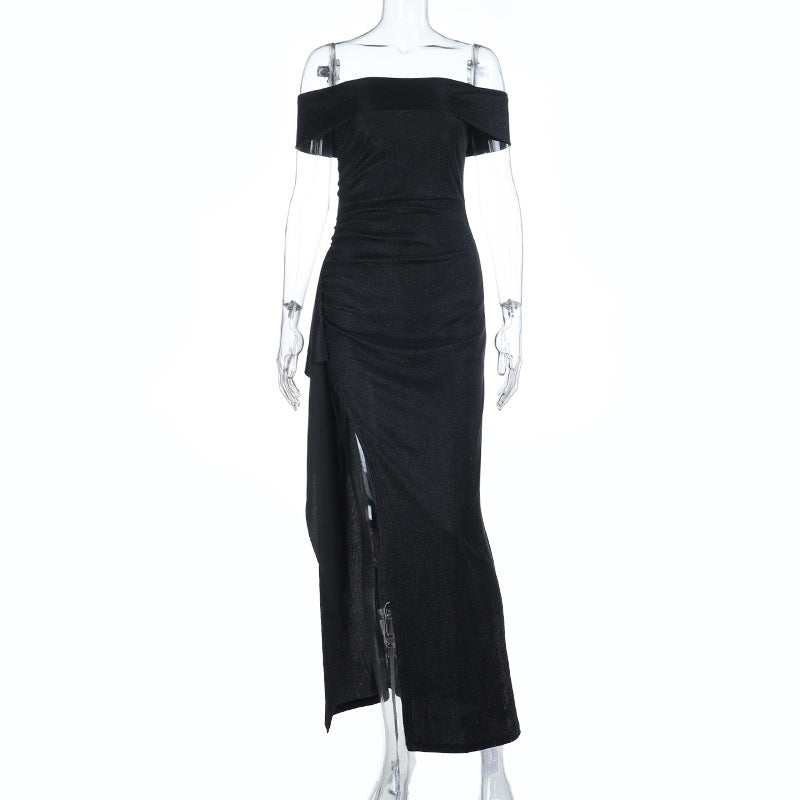 Sparkling Off-the-Shoulder Bodycon Maxi Dress with High Slit