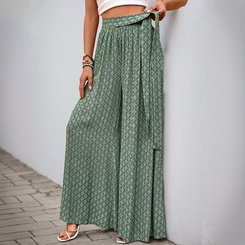 Geometric Print Flared Pants with Tie-Waist and Slit