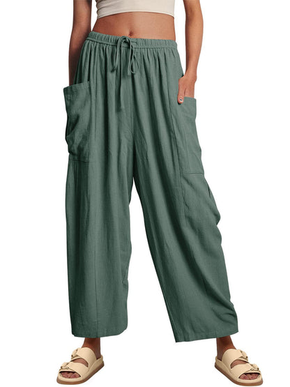 Wide-Leg Pleated Pants with Drawstring Waist and Patch Pockets