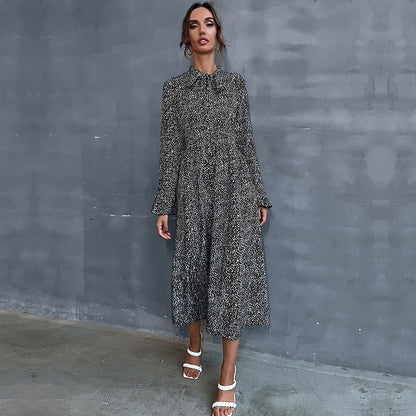 Printed A-Line Midi Dress with Scarf Collar and Long Sleeves