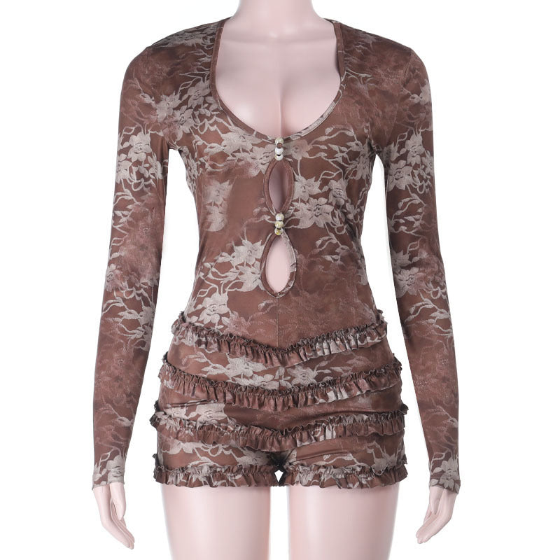 Bodycon Printed Romper with Long Sleeves and Tiered Ruffles
