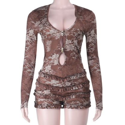 Bodycon Printed Romper with Long Sleeves and Tiered Ruffles